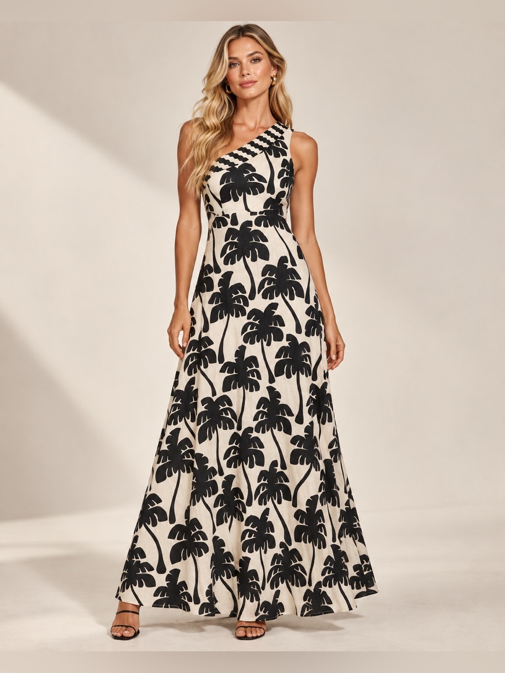 FARM Rio For Anthropology One-Shoulder Palm-Print Maxi Dress in Black and Cream